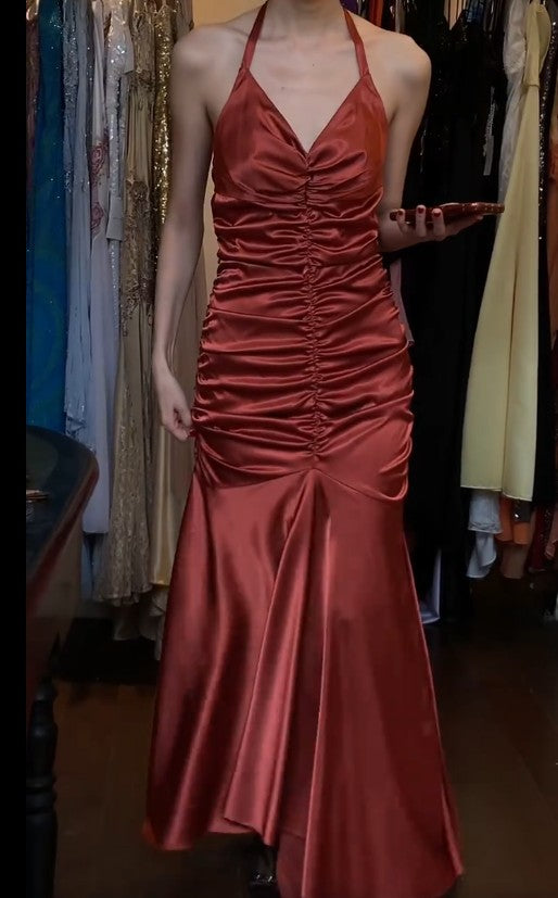 Rust Red Vintage Halter Mermaid Satin Long Backless Prom Dress Sleeveless Party Dress ED01818