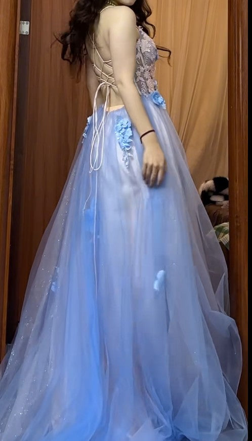 Backless A-Line Spaghetti Strap Tulle Applique Long Prom Dress Sweet Evening Dress ED01824