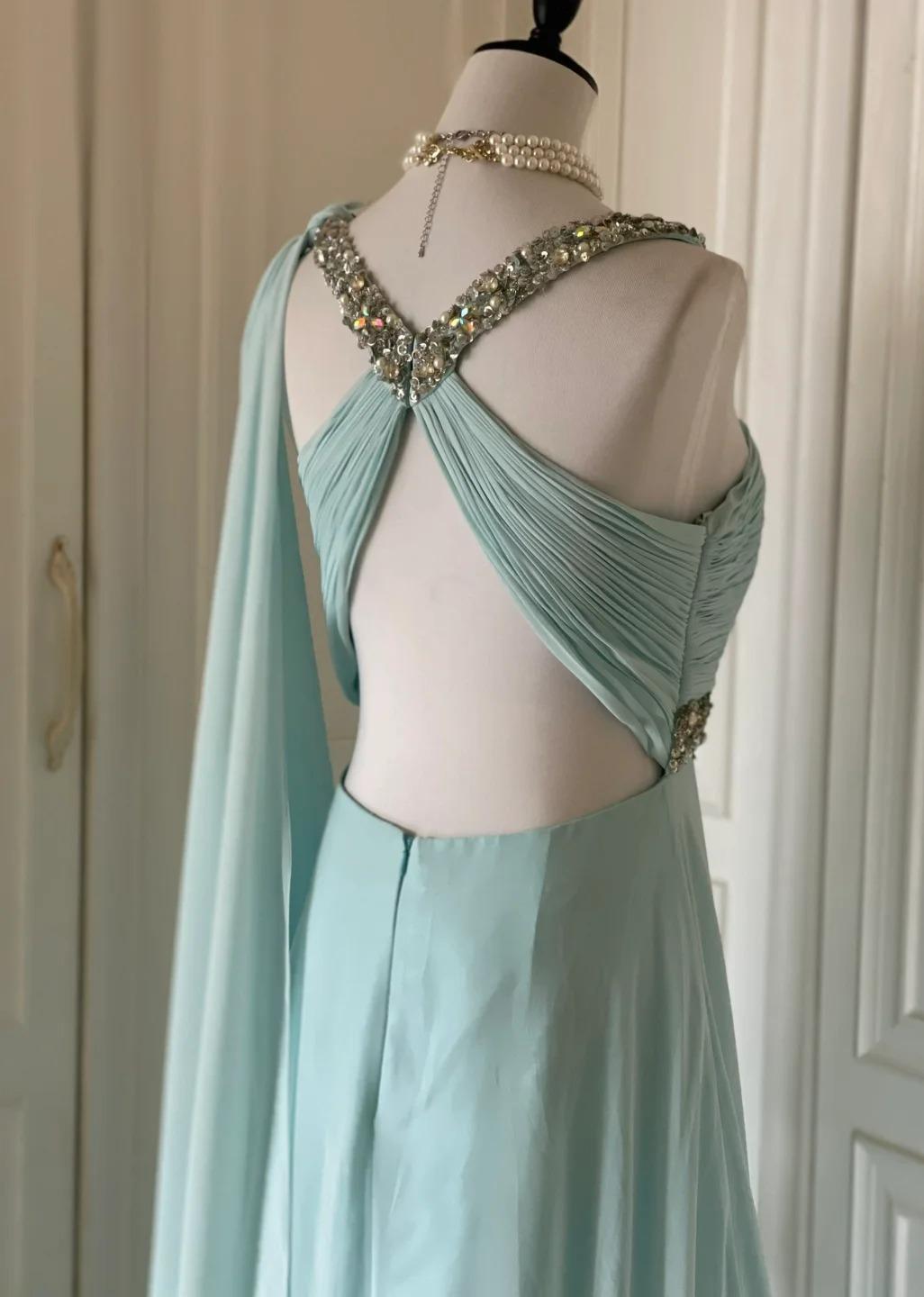 Gentle Tiffany Blue Chiffon V-neck Beaded Sequin A-Line Long Prom Dress Wedding Evening Dress ED01831
