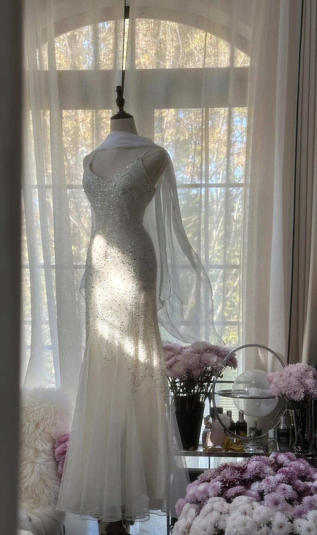 Fairy White Spaghetti Strap Mermaid Tulle Sequined Ball Dress Birthday Dress ED01840