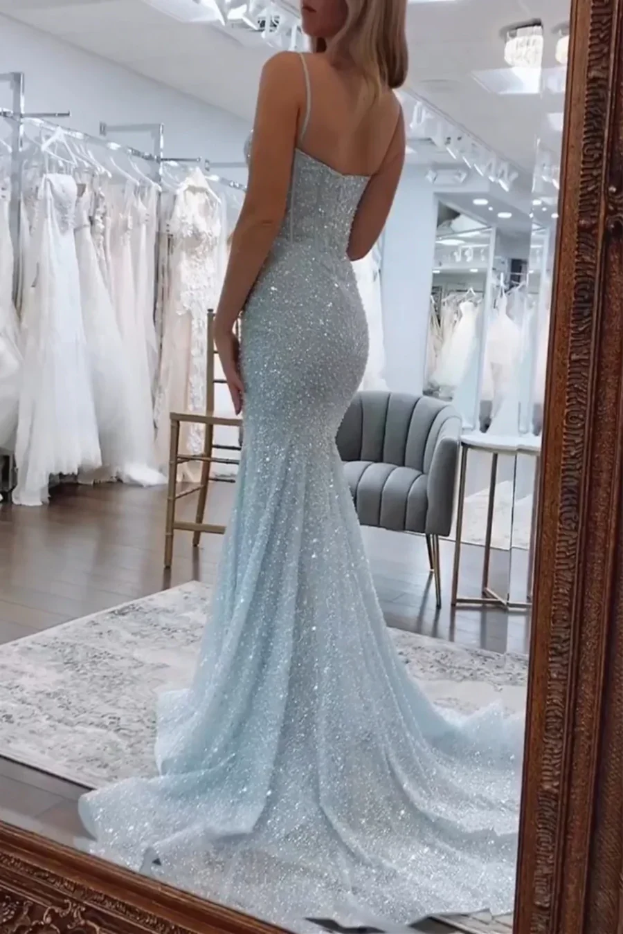 Sweetheart Spaghetti Straps Long Mermaid Sequins Party Prom Dress ED01846