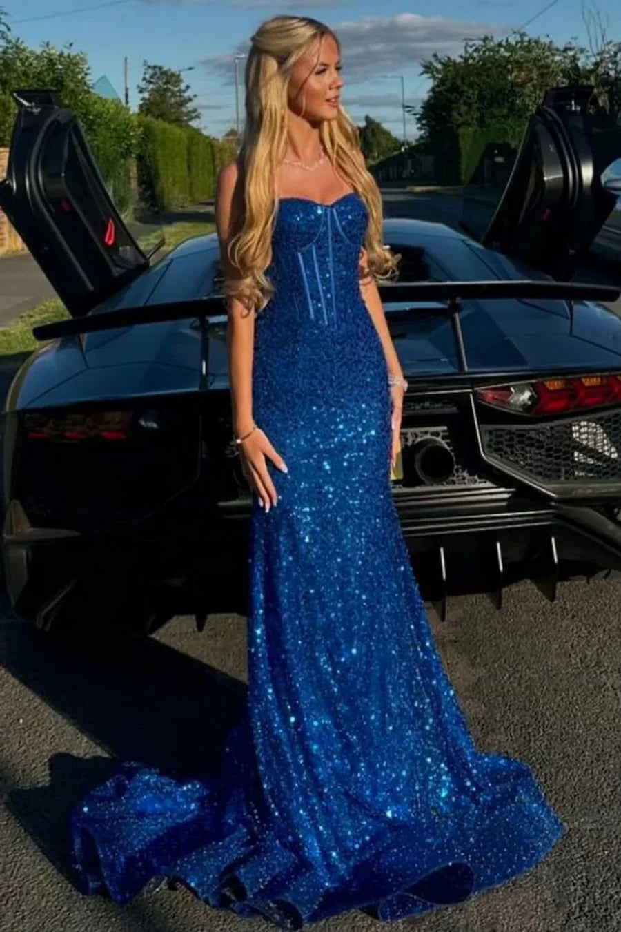 Sweetheart Spaghetti Straps Long Mermaid Sequins Party Prom Dress ED01846
