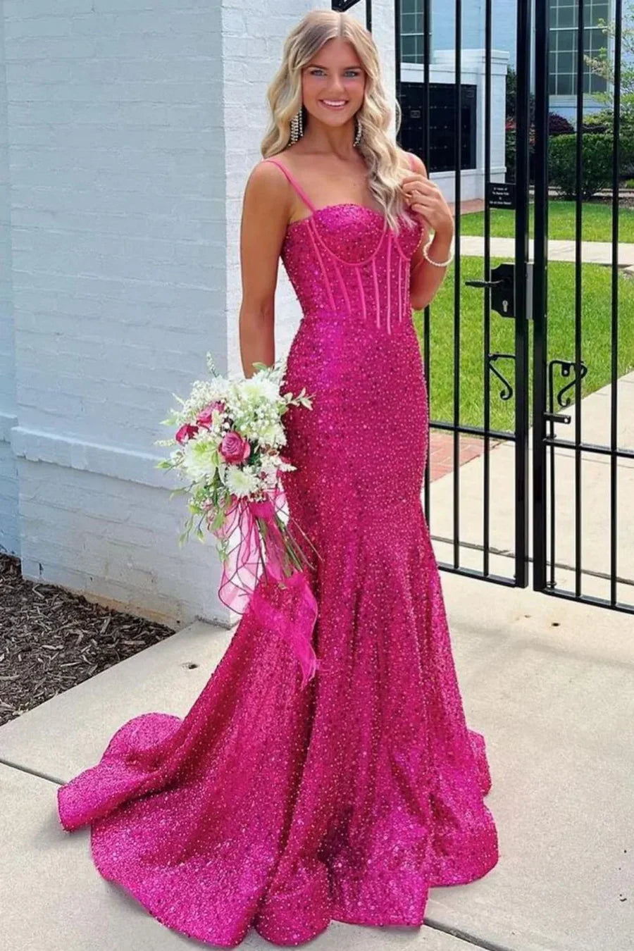 Sweetheart Spaghetti Straps Long Mermaid Sequins Party Prom Dress ED01846