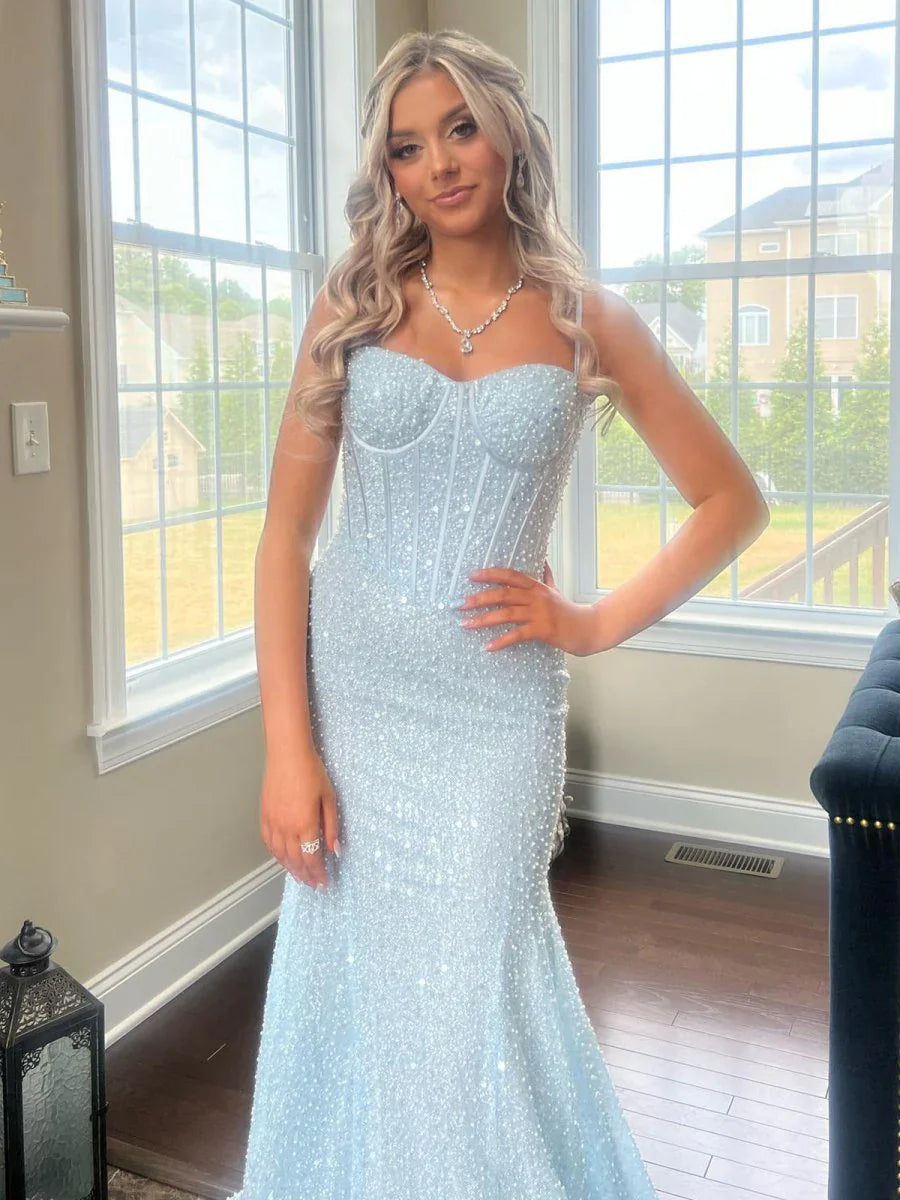 Sweetheart Spaghetti Straps Long Mermaid Sequins Party Prom Dress ED01846