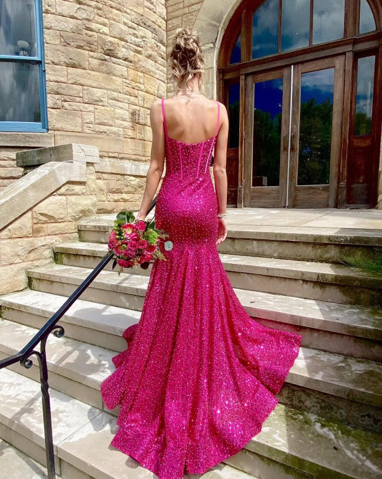 Sweetheart Spaghetti Straps Long Mermaid Sequins Party Prom Dress ED01846