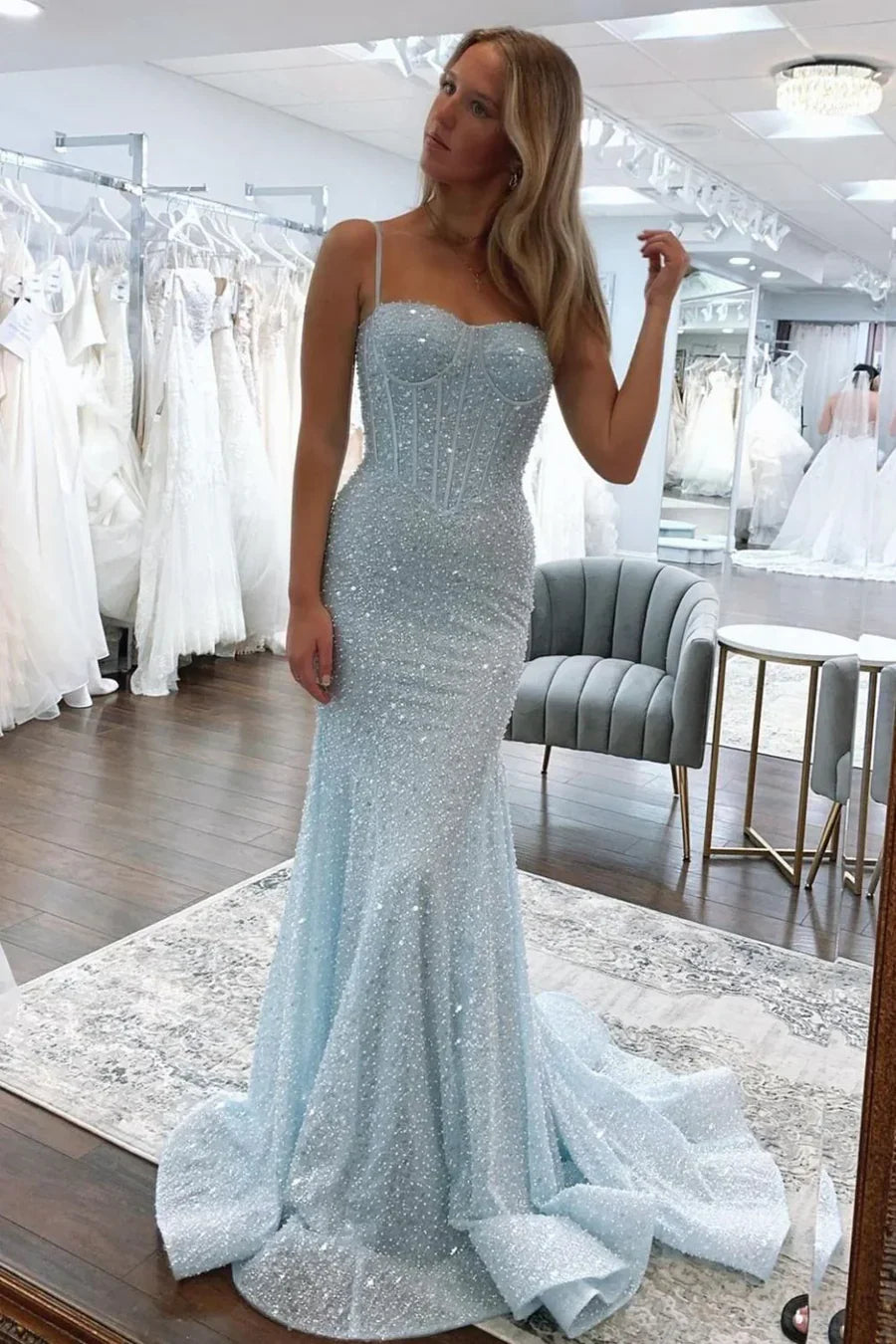 Sweetheart Spaghetti Straps Long Mermaid Sequins Party Prom Dress ED01846