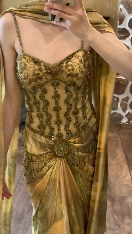 Vintage Gold Spaghetti Strap Silk Sheath Prom Dresses Beaded Evening Gowns with Scarf ED01866