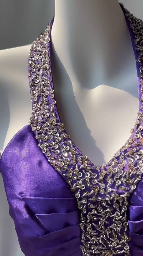 Charming Purple Halter Satin Sheath Beaded Sequins Backless Prom Dress Temperament Evening Dress ED01868