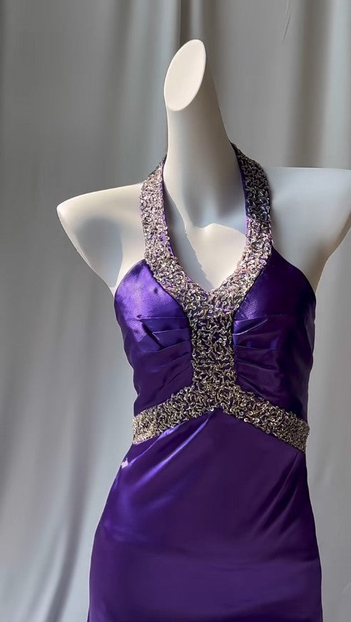 Charming Purple Halter Satin Sheath Beaded Sequins Backless Prom Dress Temperament Evening Dress ED01868
