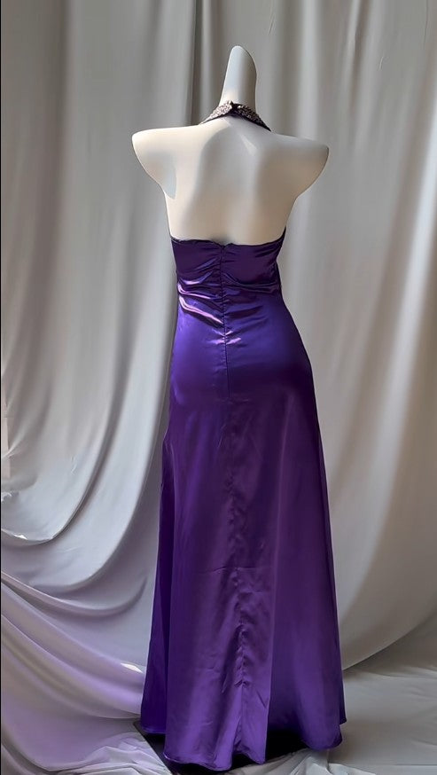Charming Purple Halter Satin Sheath Beaded Sequins Backless Prom Dress Temperament Evening Dress ED01868