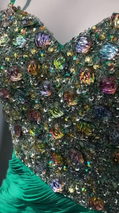 Vintage Green Spaghetti Strap Chiffon A-Line Sequin Rhinestone Prom Dress Beautiful Bridal Dress ED01870