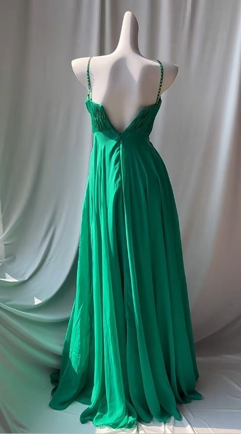Vintage Green Spaghetti Strap Chiffon A-Line Sequin Rhinestone Prom Dress Beautiful Bridal Dress ED01870