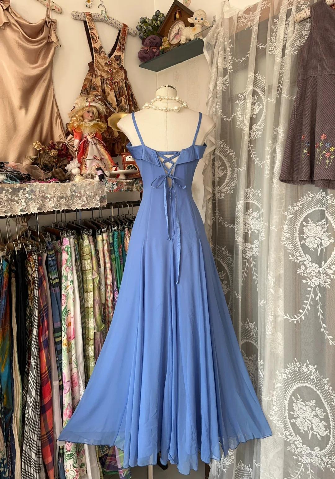 Vintage Soft Blue Spaghetti Strap A-line Chiffon Birthday Prom Dress Pretty Graduation Dress ED01871