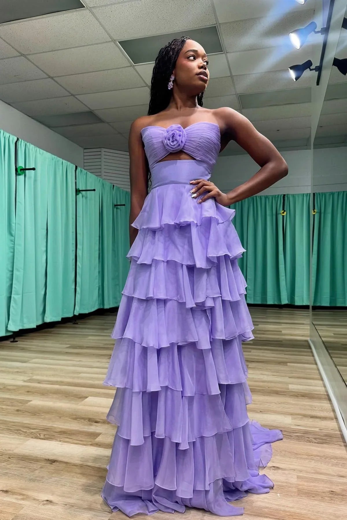 Cute Hot Pink A-Line Strapless Chiffon Long Prom Dress Layered Slit Sleeveless Evening Gown ED01882