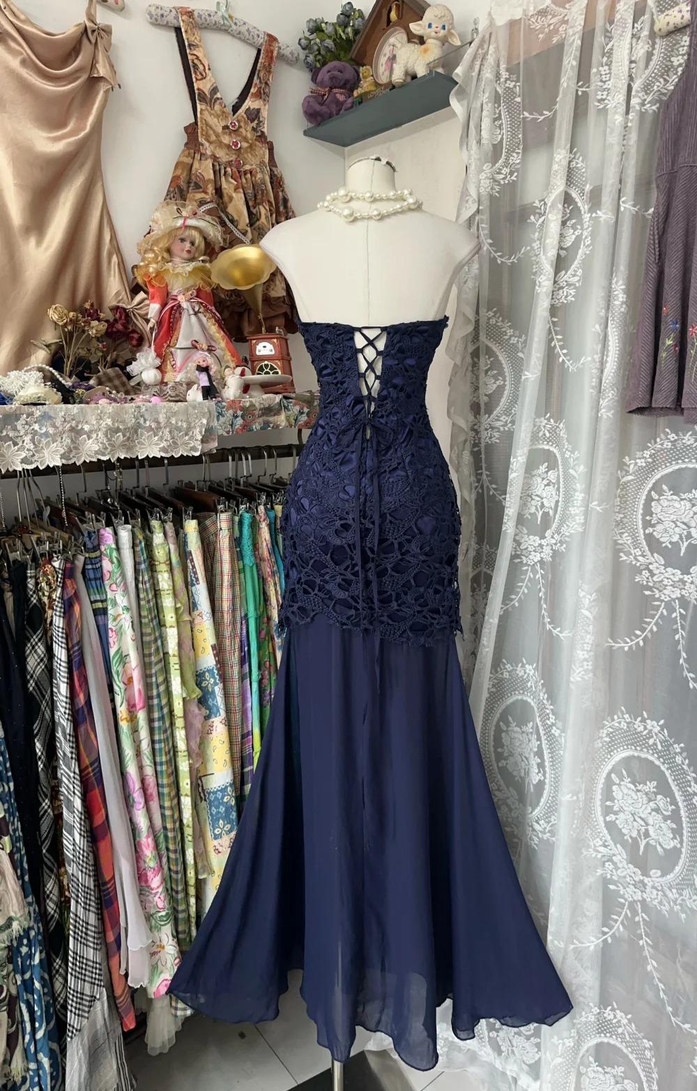 Elegant Navy Mermaid Strapless Prom Dress Backless Chiffon Birthday Evening Dress ED01893