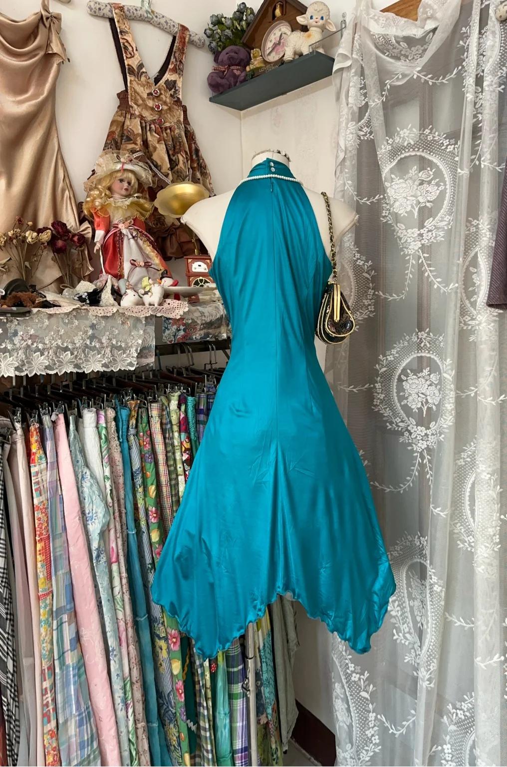 Turquoise A-line Halter Satin Prom Dress Sexy Sleeveless Party Dress ED01894