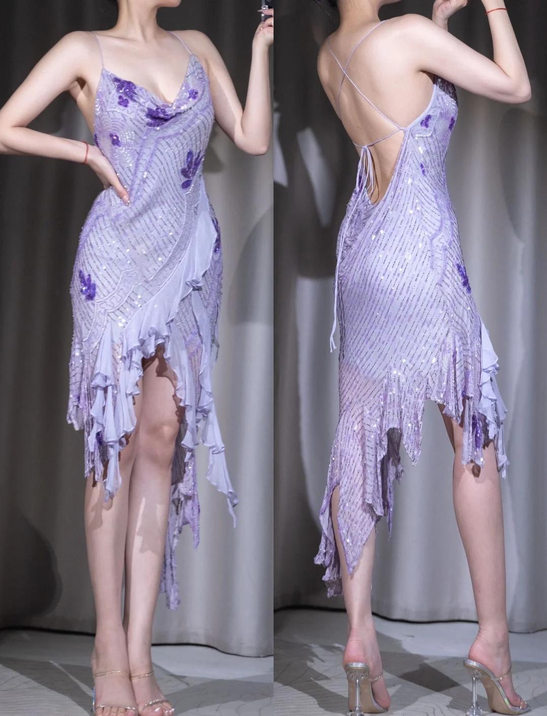 Lavender Vintage Beading Spaghetti Strap Prom Dress Backless Sexy Evening Dress ED01895