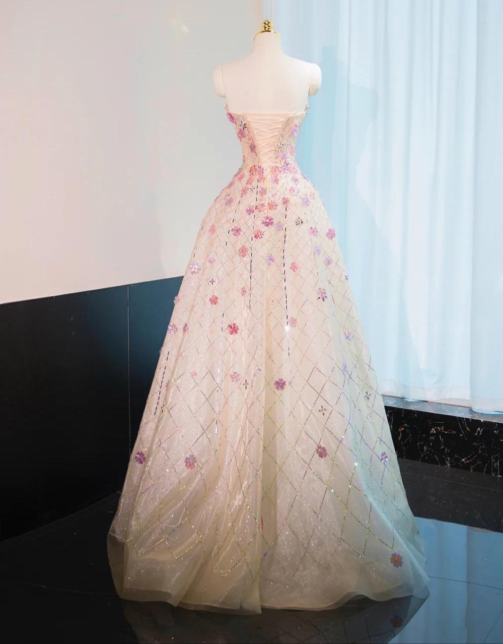 Beautiful Pink Beaded Flowers A-Line Strapless Long Prom Dress Gorgeous Formal Evening Dress ED01899