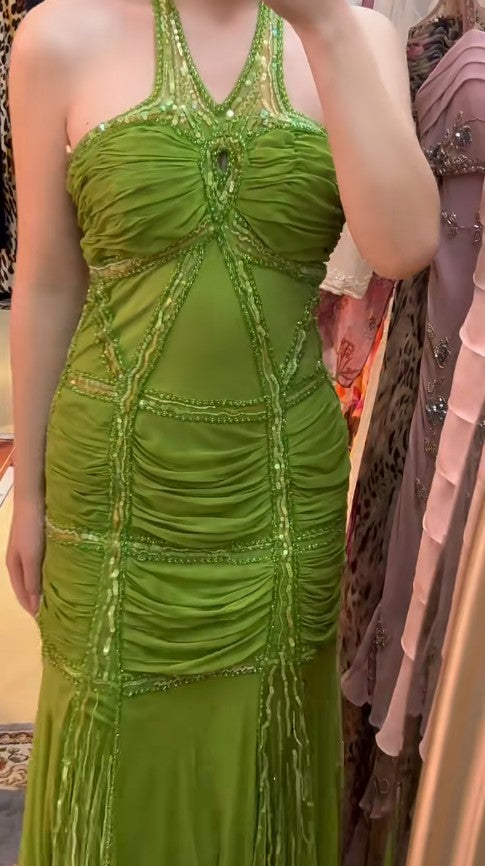 Vintage Green Halter Mermaid Chiffon Beaded Sequin Prom Dress Elegant Formal Evening Dress ED01900