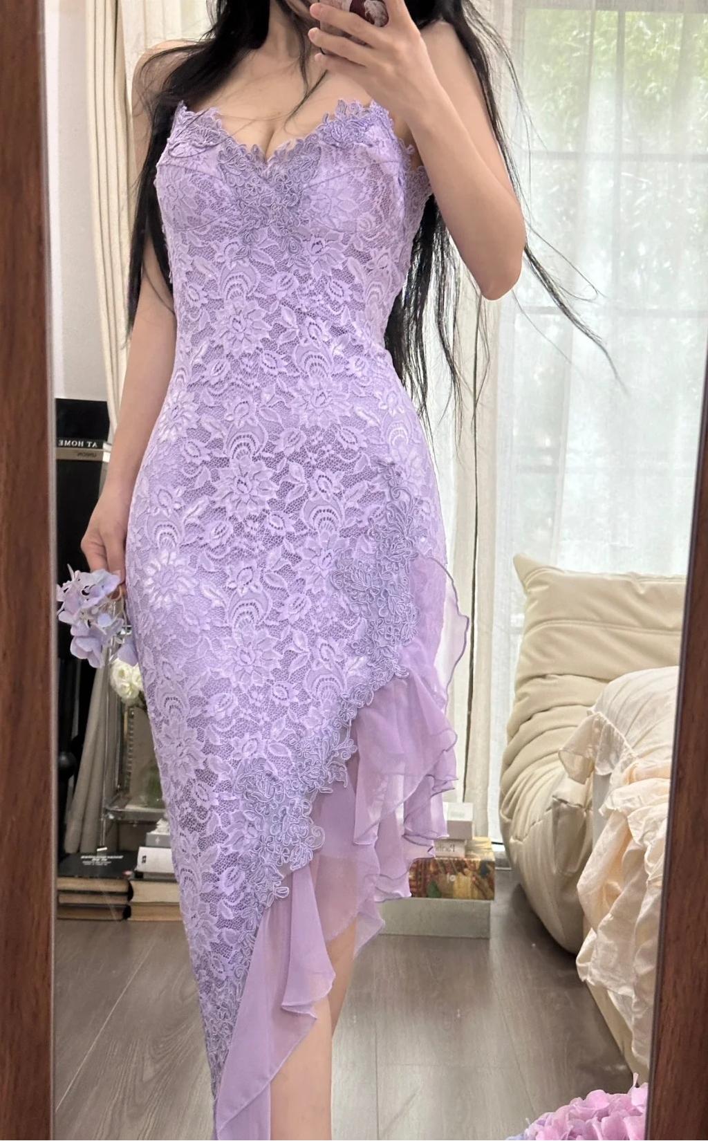 Vintage Purple Sheath Spaghetti Strap Chiffon Applique Prom Dress Gorgeous Party Dress ED01909