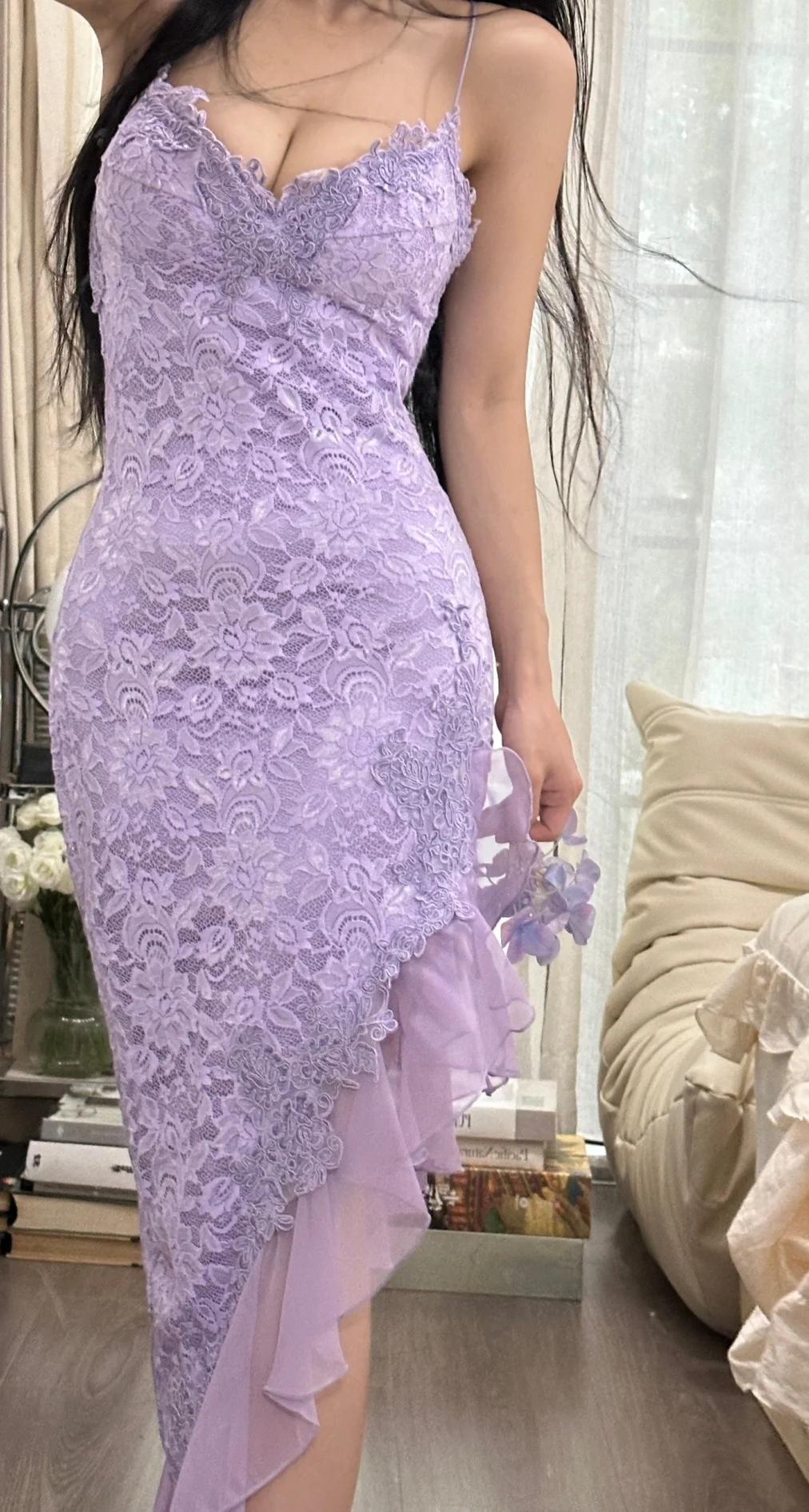 Vintage Purple Sheath Spaghetti Strap Chiffon Applique Prom Dress Gorgeous Party Dress ED01909