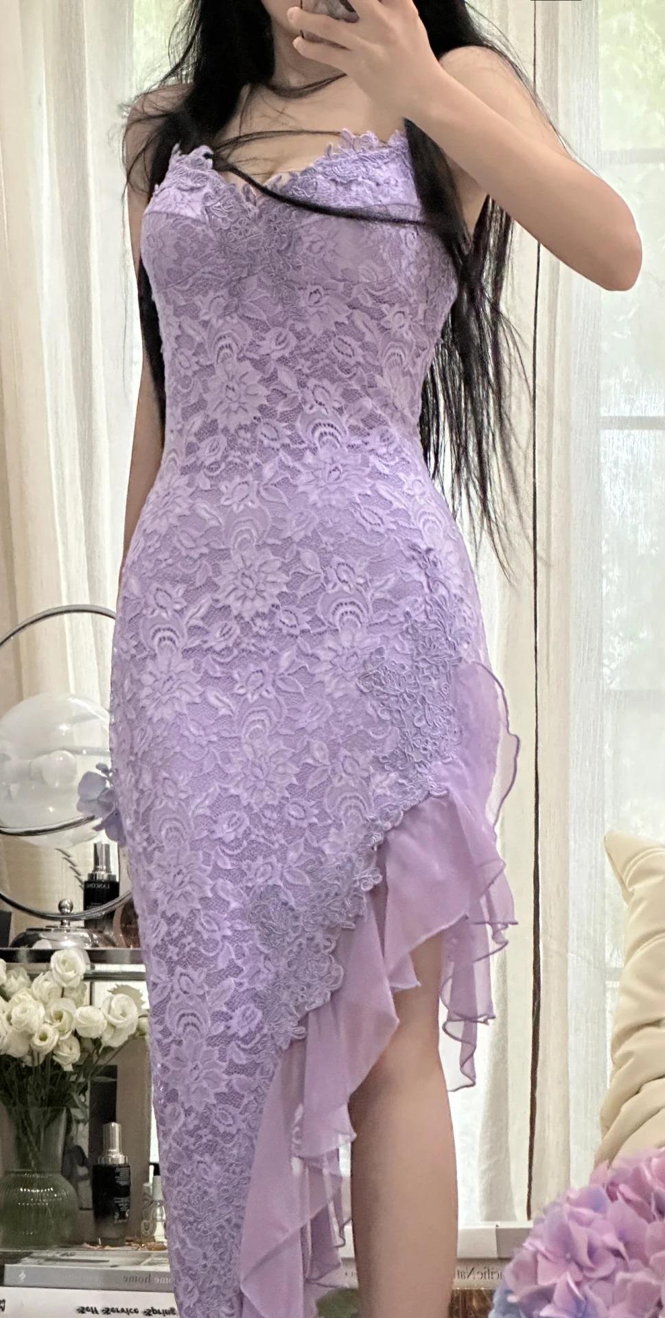 Vintage Purple Sheath Spaghetti Strap Chiffon Applique Prom Dress Gorgeous Party Dress ED01909