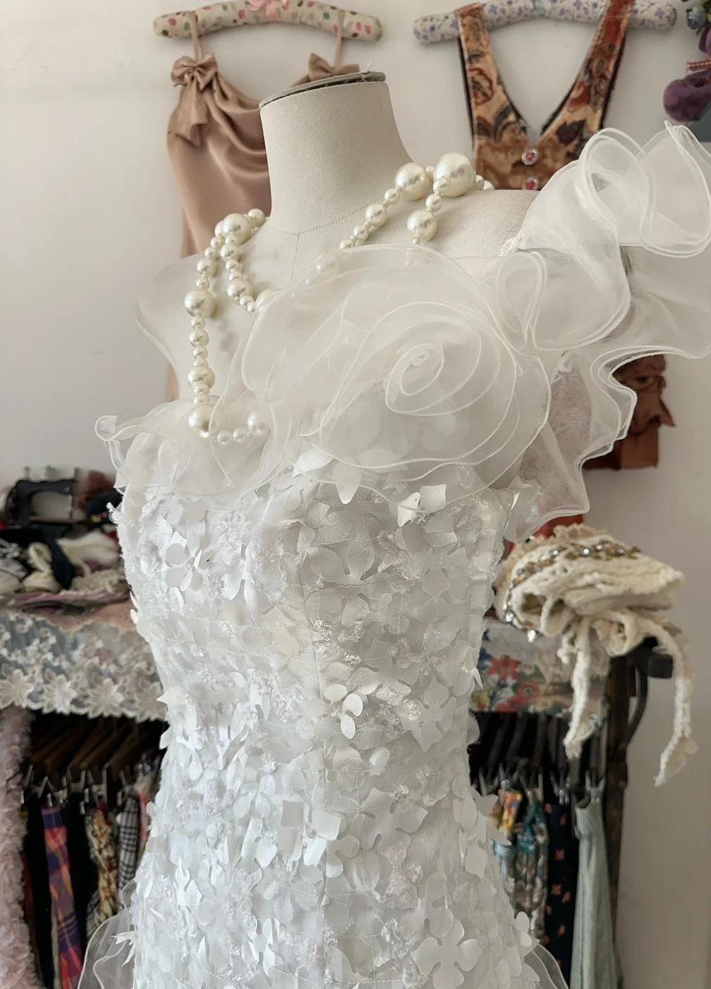 White Gentle Water Gloss Mermaid Sequin Applique Long Prom Dress Gorgeous One Shoulder Wedding Evening Dress ED01910
