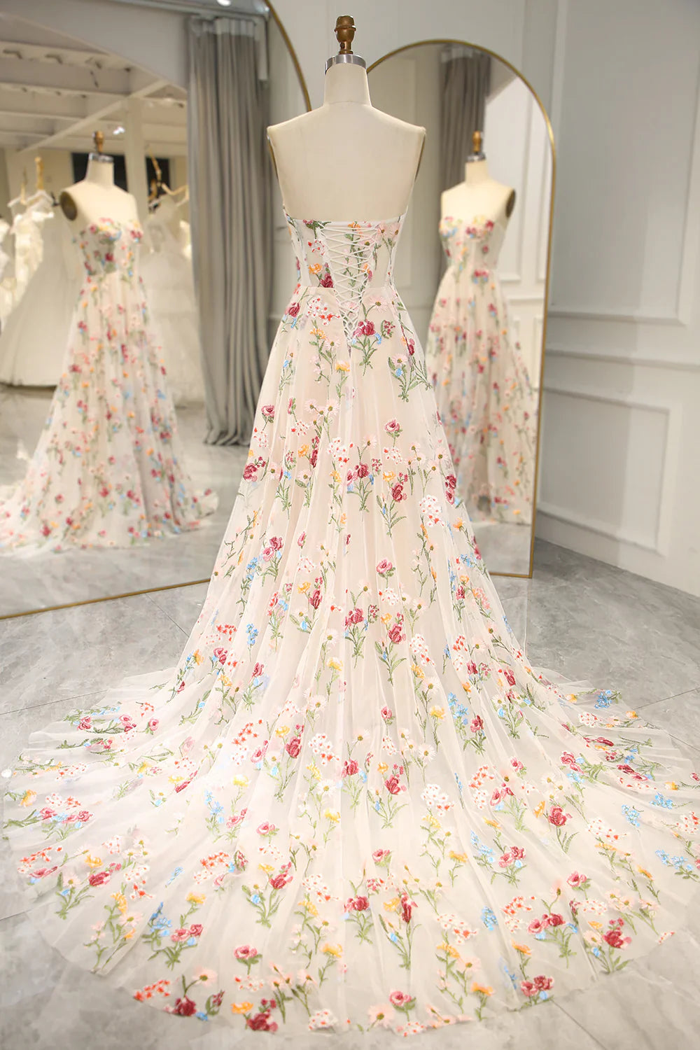 Sweet 16 š Strapless A-line Floral Prom Dress &Wedding Dress- š« Gorgeous Embroidery Applique & Tulle Evening for Birthday, Graduation ED01914