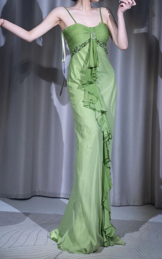 ๐ Vintage-Inspired Green Evening Mermaid Gown โ Gentle Flowy Chiffon Ruffled & Beading Prom Dress for Birthday, Party** ED01916