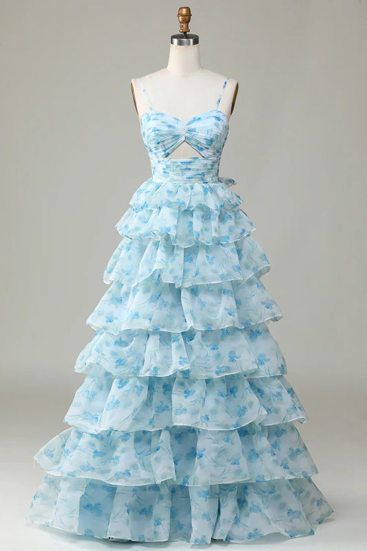 ๐ Enchanted Blue A-Line Evening Gown โ Sweet Floral Layered Prom Dress for Special Occasion ย ED01918