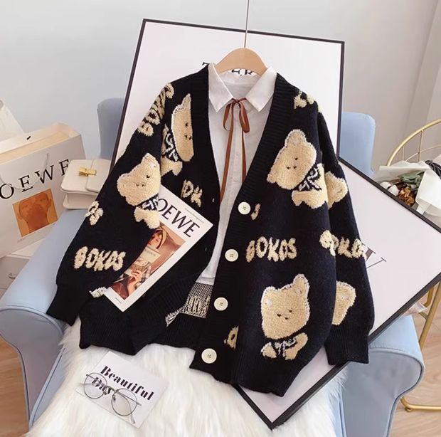 V-neck bear cardigan sweater loose knitted cardigan ED0191