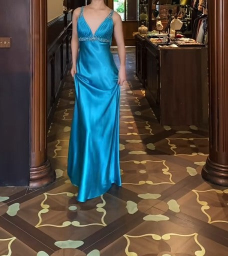 Vintage Royal Blue Backless Satin Prom Dress - Backless Sexy Empire Dress - Glitter Beaded Evening Dress for Quinceanera&Birthday ED01920