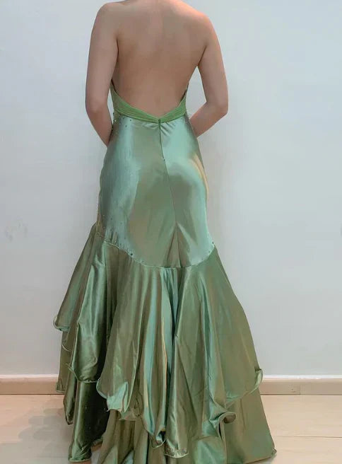 Gorgeous Green V-Neck Beaded Satin Mermaid Backless Evening Gown ED01922
