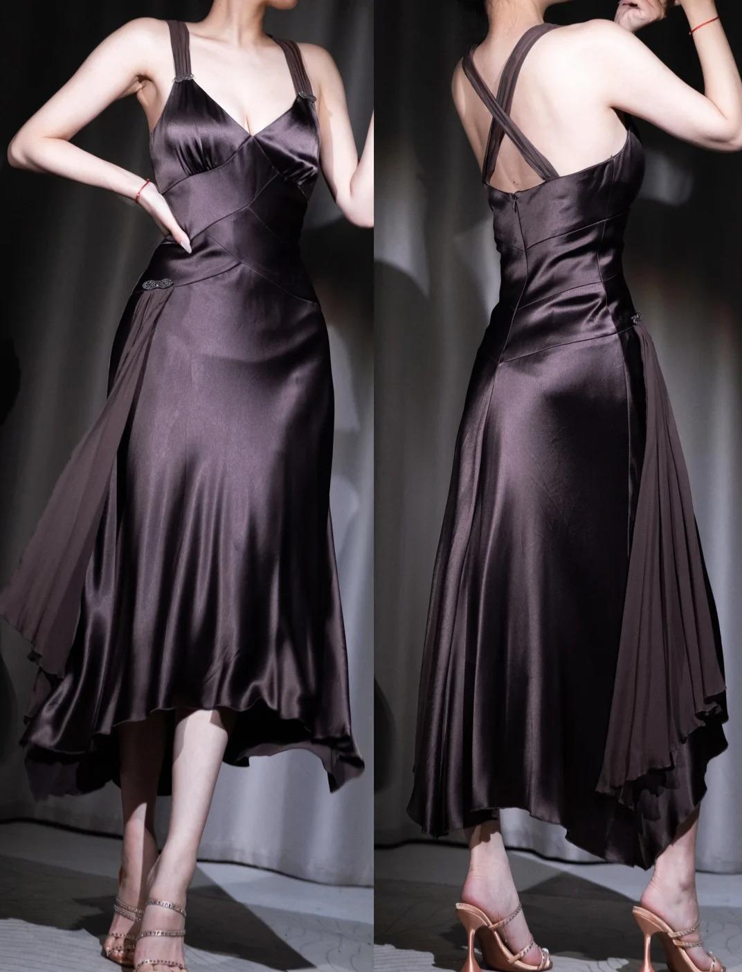 Retro Chocolate V-Neck Satin A-Line Prom Dress Elegant Party Dress ED01924