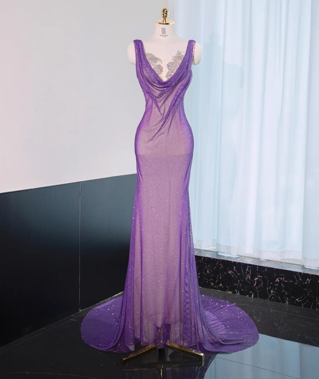 Noble Purple Mermaid Gown - Glitter Rhinestone Tulle Prom Dress for Special Ocassions ED01926