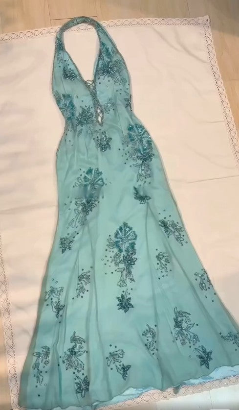 Vintage Blue V-neck Chiffon Mermaid Gown - Glitter Beading & Sequined Backless Evening Dress ED01928