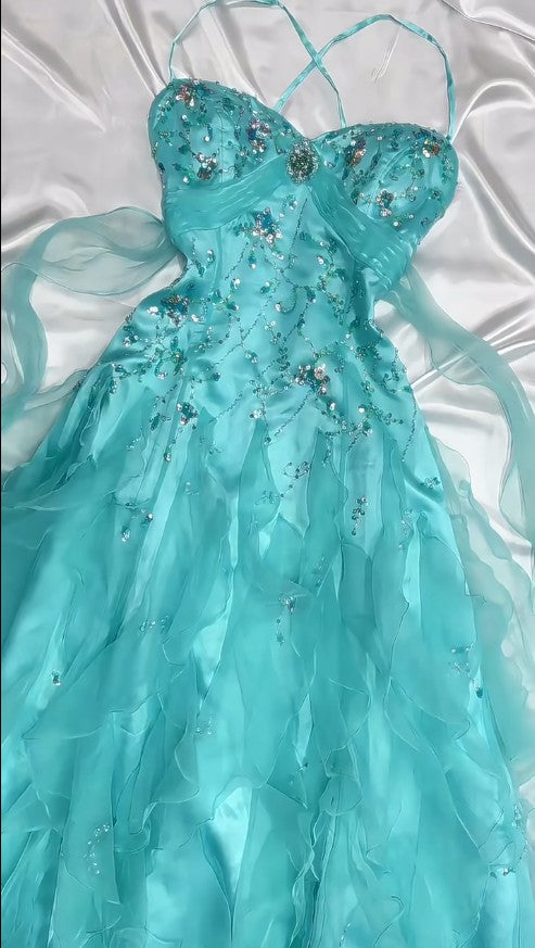 š 1950s Inspired Baby Princess Blue Prom Dress - Shimmering Sequins Tulle & Satin Ballgown for Formal Events ED01932