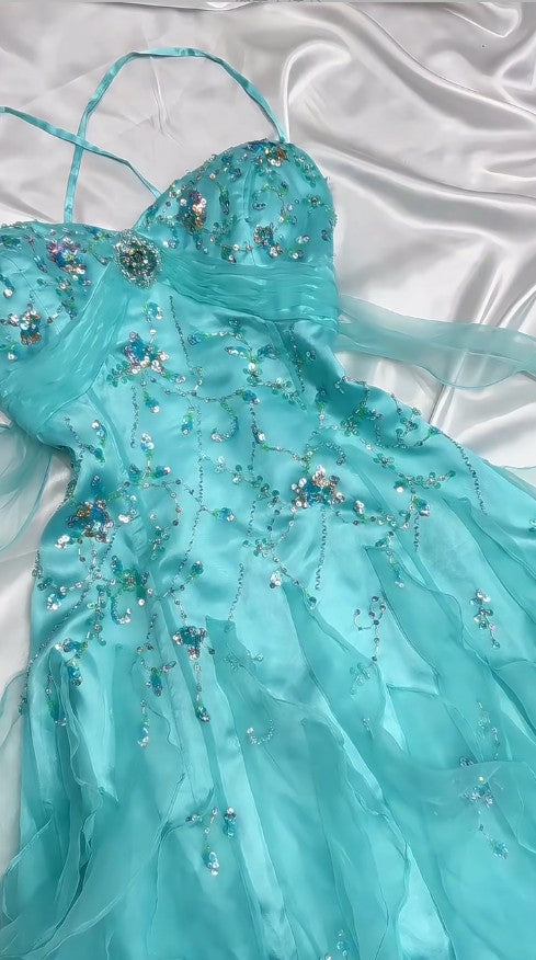 š 1950s Inspired Baby Princess Blue Prom Dress - Shimmering Sequins Tulle & Satin Ballgown for Formal Events ED01932