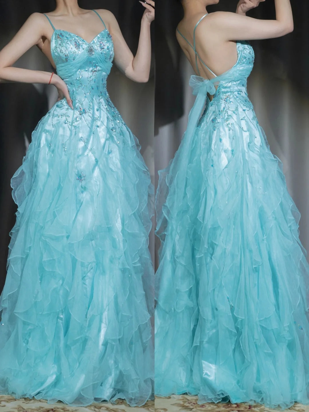 š 1950s Inspired Baby Princess Blue Prom Dress - Shimmering Sequins Tulle & Satin Ballgown for Formal Events ED01932