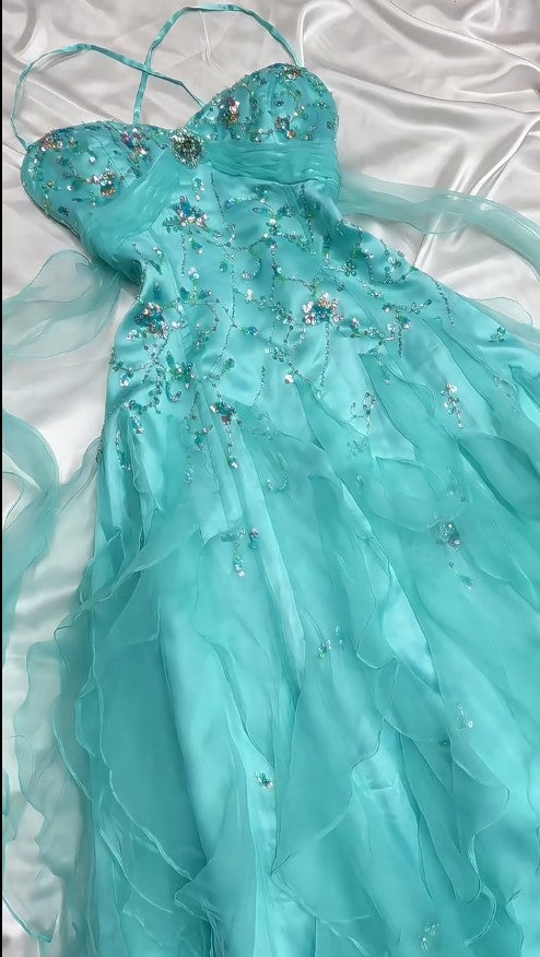š 1950s Inspired Baby Princess Blue Prom Dress - Shimmering Sequins Tulle & Satin Ballgown for Formal Events ED01932