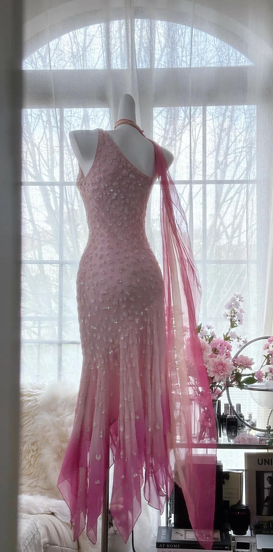🌟 Cinderella Pink A-Line Evening Gown - Iridescent Beaded Tulle with Soft Chiffon Layers for Sweet 16 ED01933