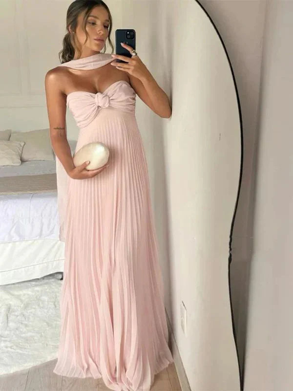 Strapless A Line Pink Long Prom Dress Pleated Formal Party GownED01935