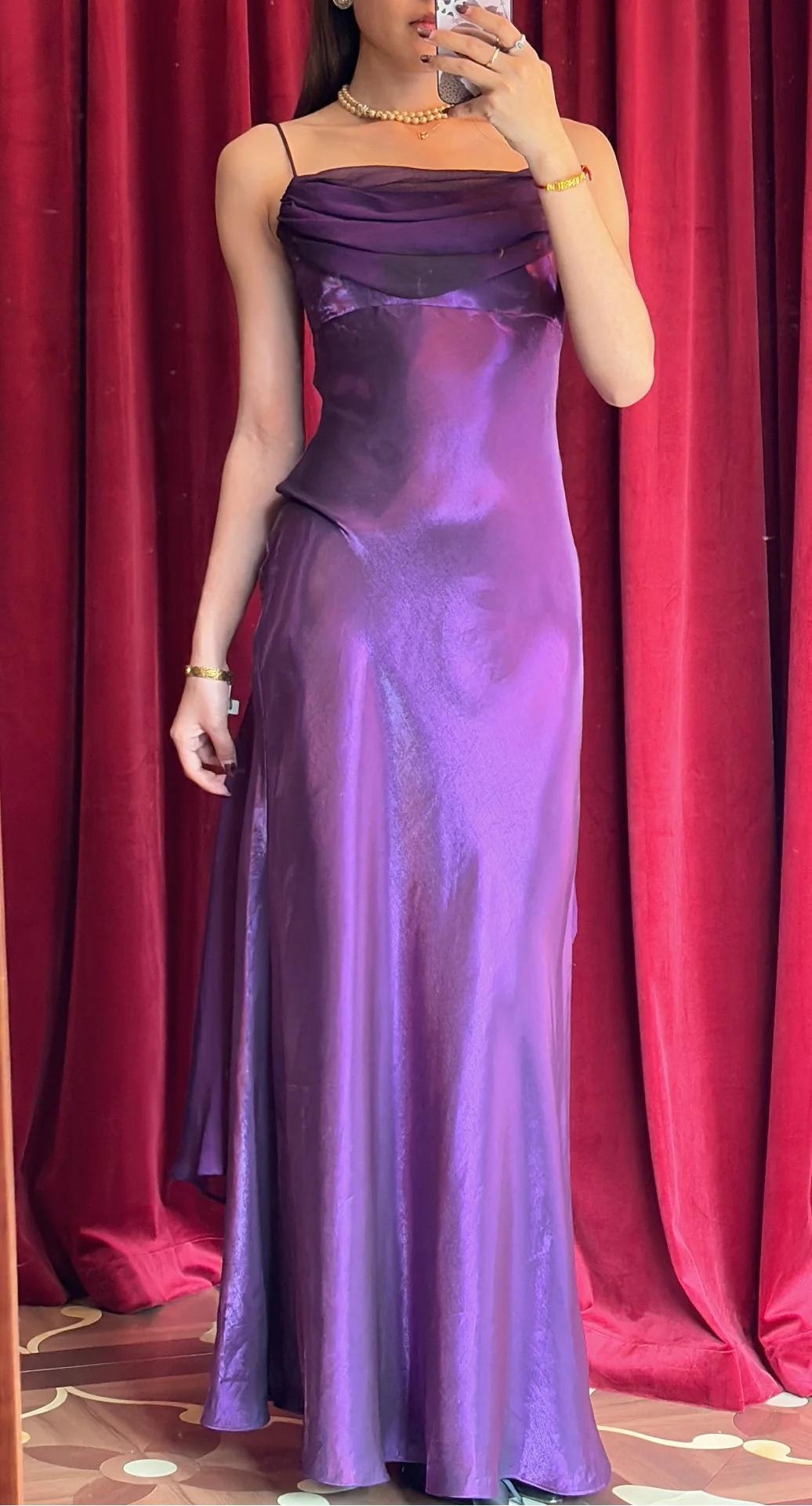 Royal Purple Satin Prom Dress Vintage Glam Evening Gown with Chiffon Ribbon ED1942