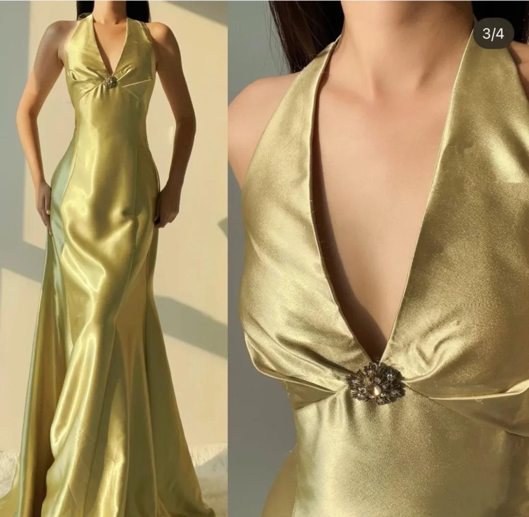 Elegant Yellow Mermaid Satin Prom Dress for Party&Quinceanera Backless Halter Evening Gown ED01943