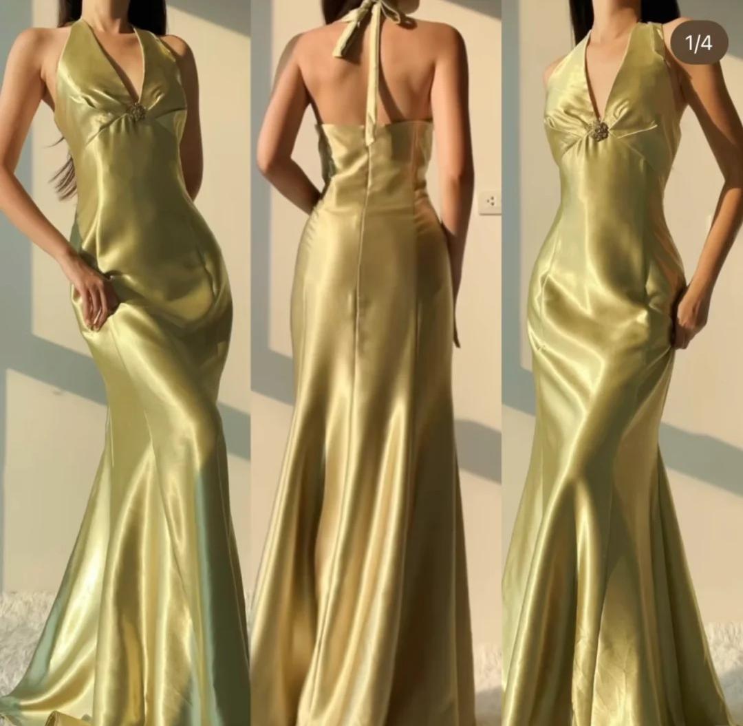 Elegant Yellow Mermaid Satin Prom Dress for Party&Quinceanera Backless Halter Evening Gown ED01943