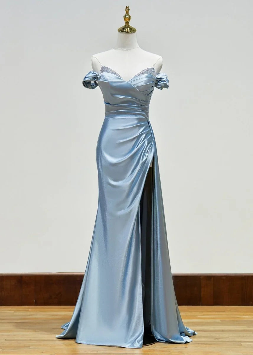 Elegant Beaded Mermaid Satin Off Shoulder Long Prom Dress Evening Gown with Slit ED01951