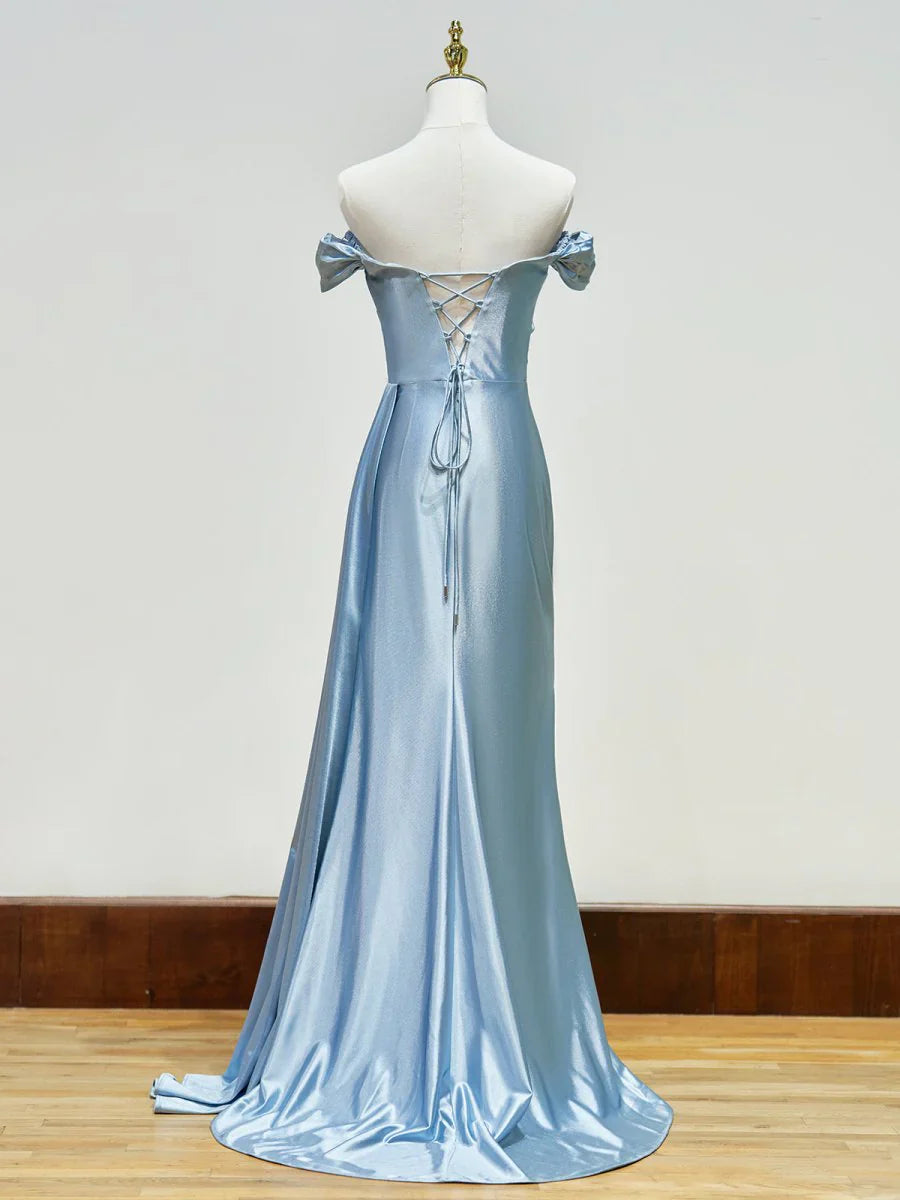 Elegant Beaded Mermaid Satin Off Shoulder Long Prom Dress Evening Gown with Slit ED01951