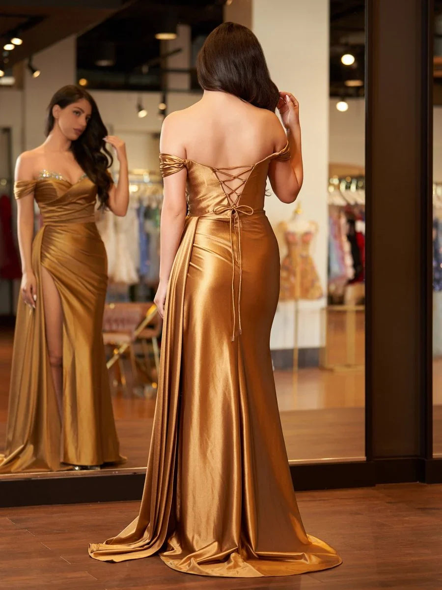 Elegant Beaded Mermaid Satin Off Shoulder Long Prom Dress Evening Gown with Slit ED01951