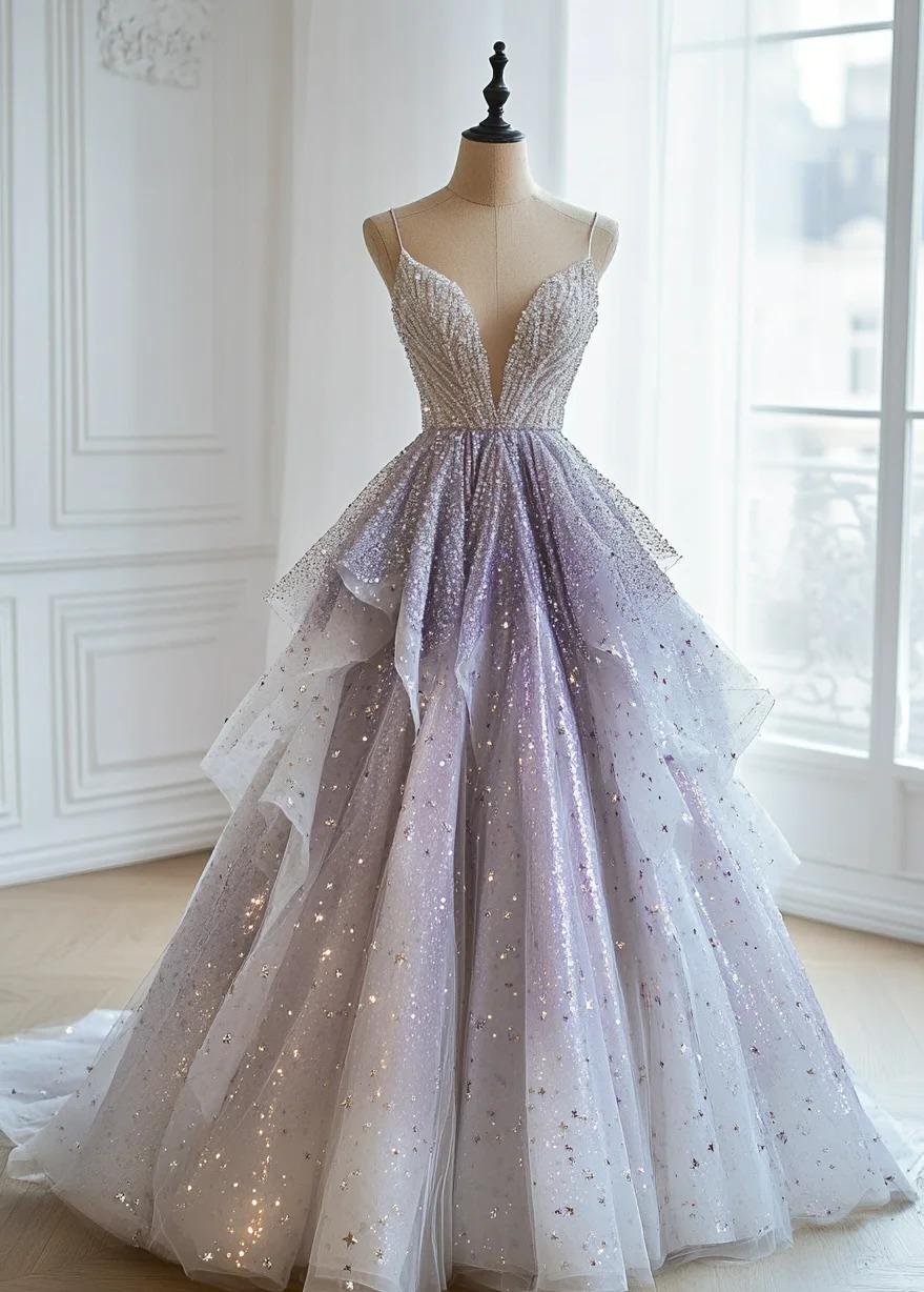 Fairytale Spaghetti Straps A-line Tulle Sequins Deep V Neck Layered Long Ball Gown Formal Evening Dress ED01968