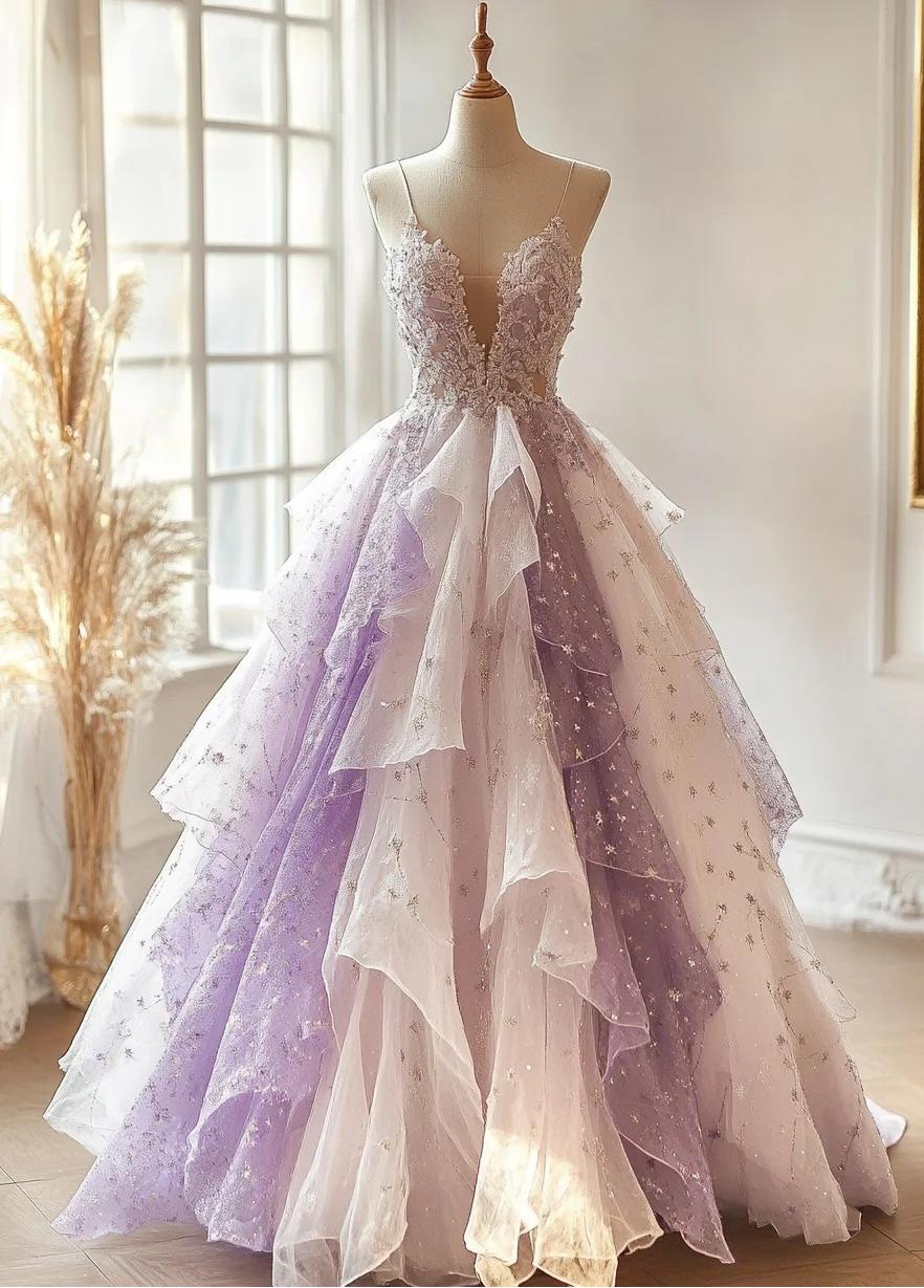 Sweet A-line Spaghetti Strap V-Neck Gradient Purple Tulle Long Prom Dresses Shiny Sequins Layered Evening Gown ED01973